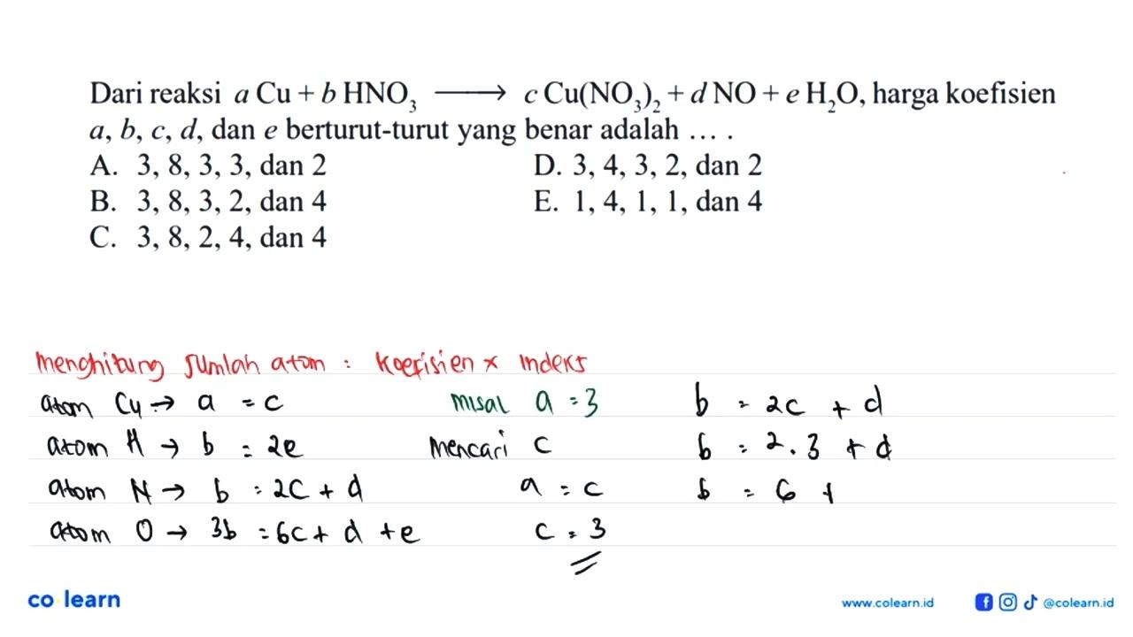 Dari reaksi aCu+bHNO3 -> cCu(NO3)2+dNO+eH2O, harga