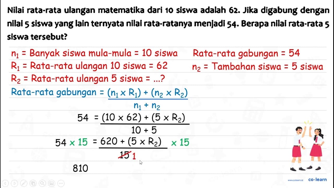 Nilai rata-rata ulangan matematika dari 10 siswa adalah 62.