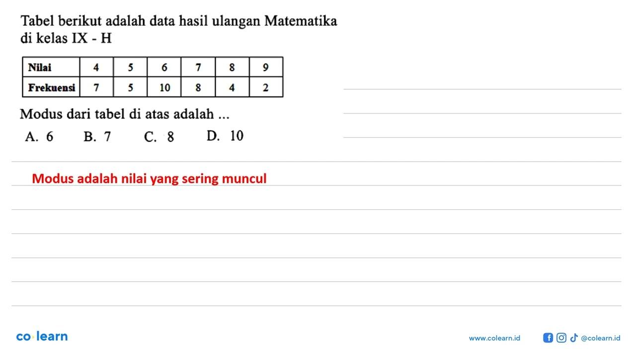 Tabel berikut adalah data hasil ulangan Matematika di kelas