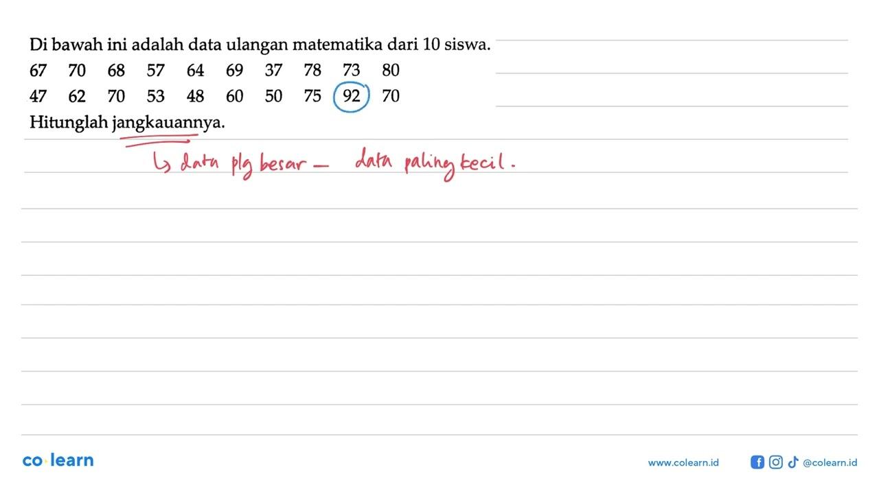 Di bawah ini adalah data ulangan matematika dari 10 siswa.