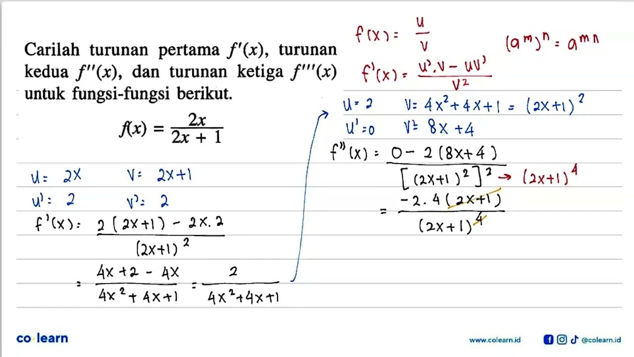 Carilah turunan pertama f'(x), turunan kedua f''(x), dan