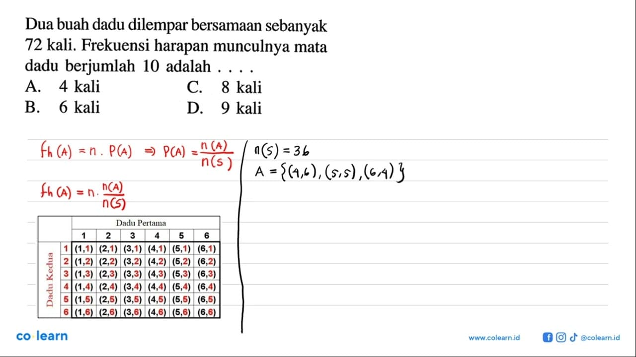 Dua buah dadu dilempar bersamaan sebanyak 72 kali.