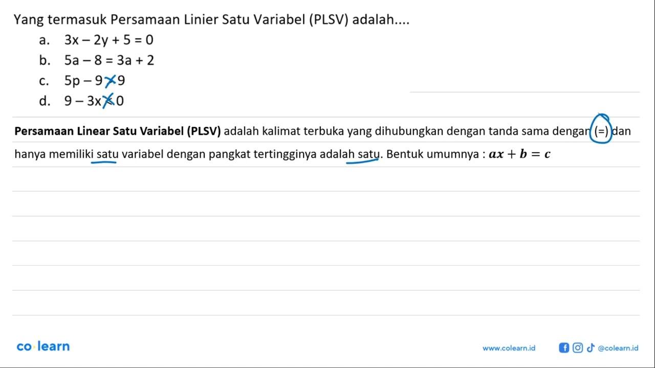 Yang termasuk Persamaan Linier Satu Variabel (PLSV)