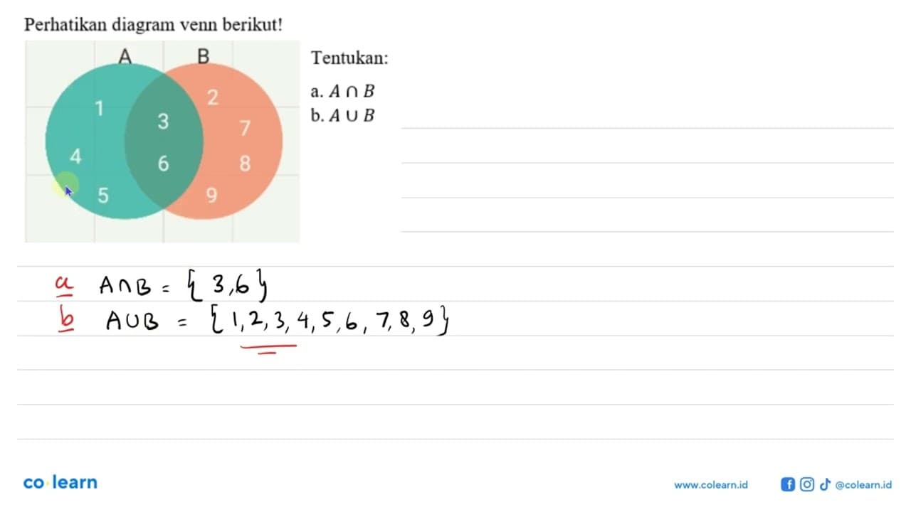 Perhatikan diagram venn berikut! Tentukan:a. A n B v. A u B