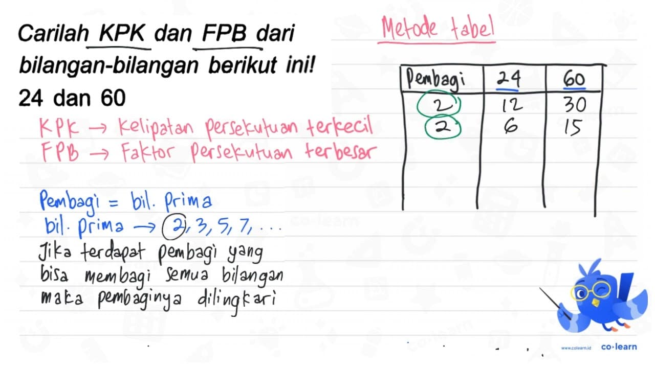 Carilah KPK dan FPB dari bilangan-bilangan berikut ini! 24