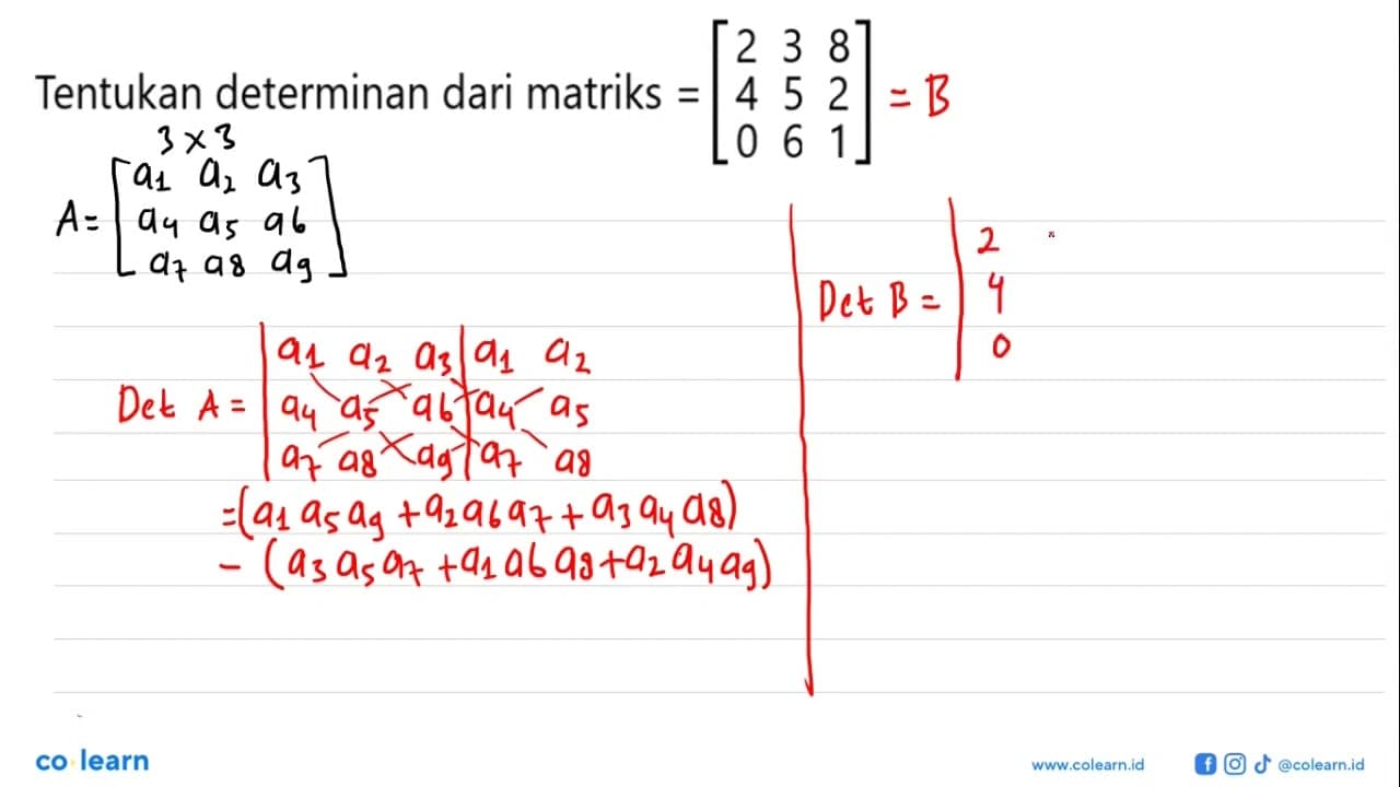 Tentukan determinan dari matriks =[2 3 8 4 5 2 0 6 1]