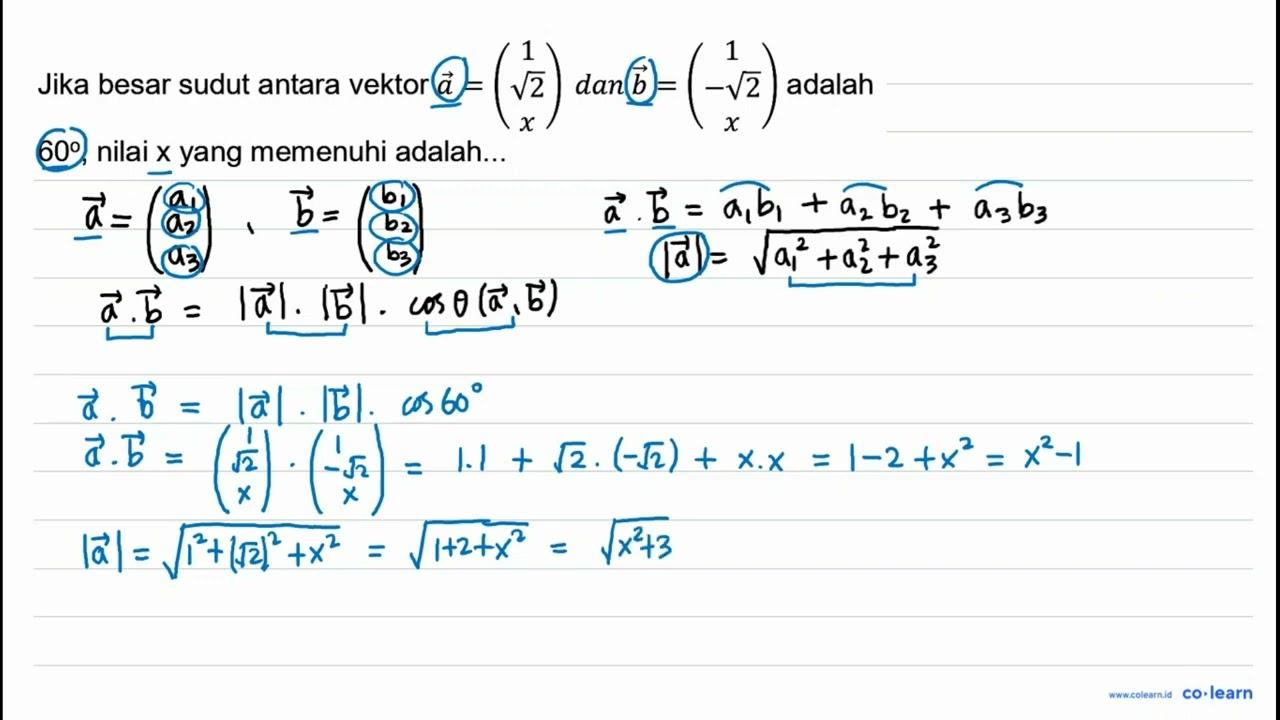 Jika besar sudut antara vektor vektor a=(1 akar(2) x) dan