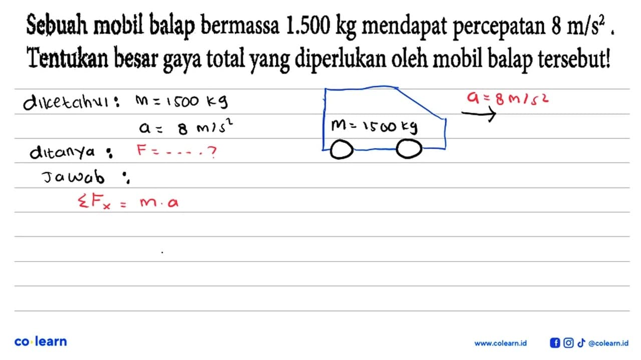 Sebuah mobil balap bermassa 1.500 kg mendapat percepatan 8