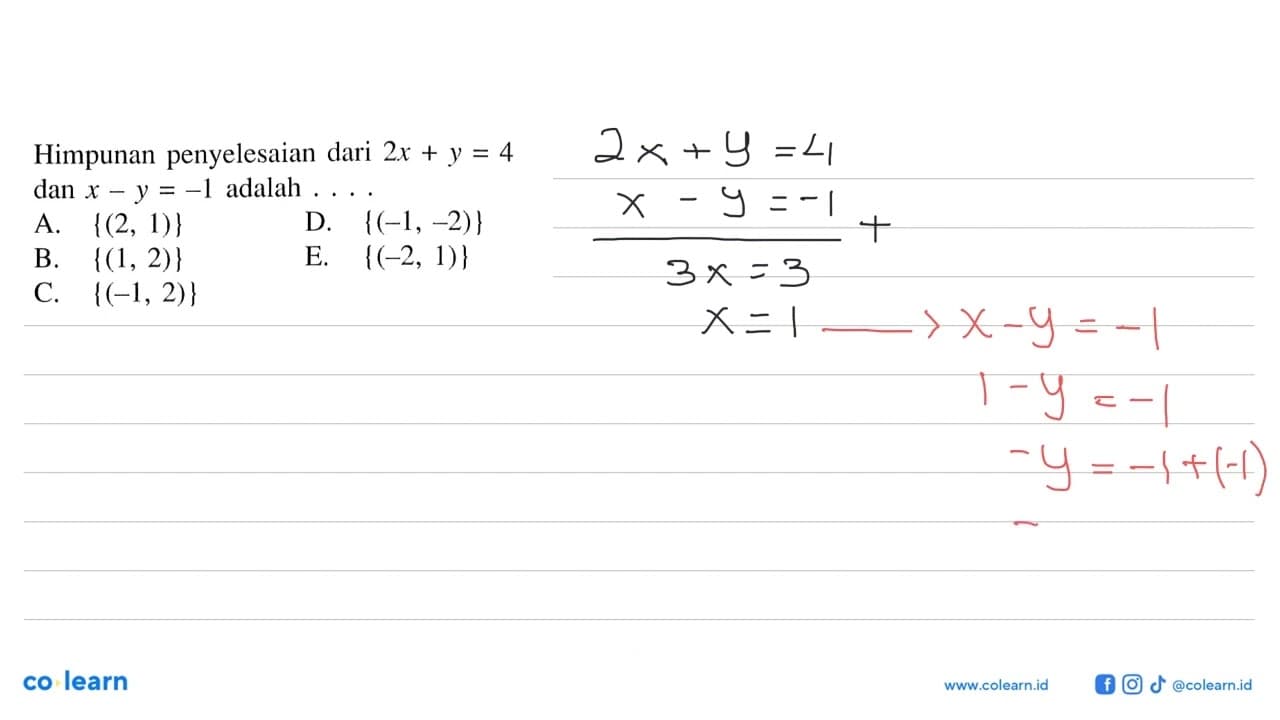 Himpunan penyelesaian dari 2x+y=4 dan x-y=-1 adalah....