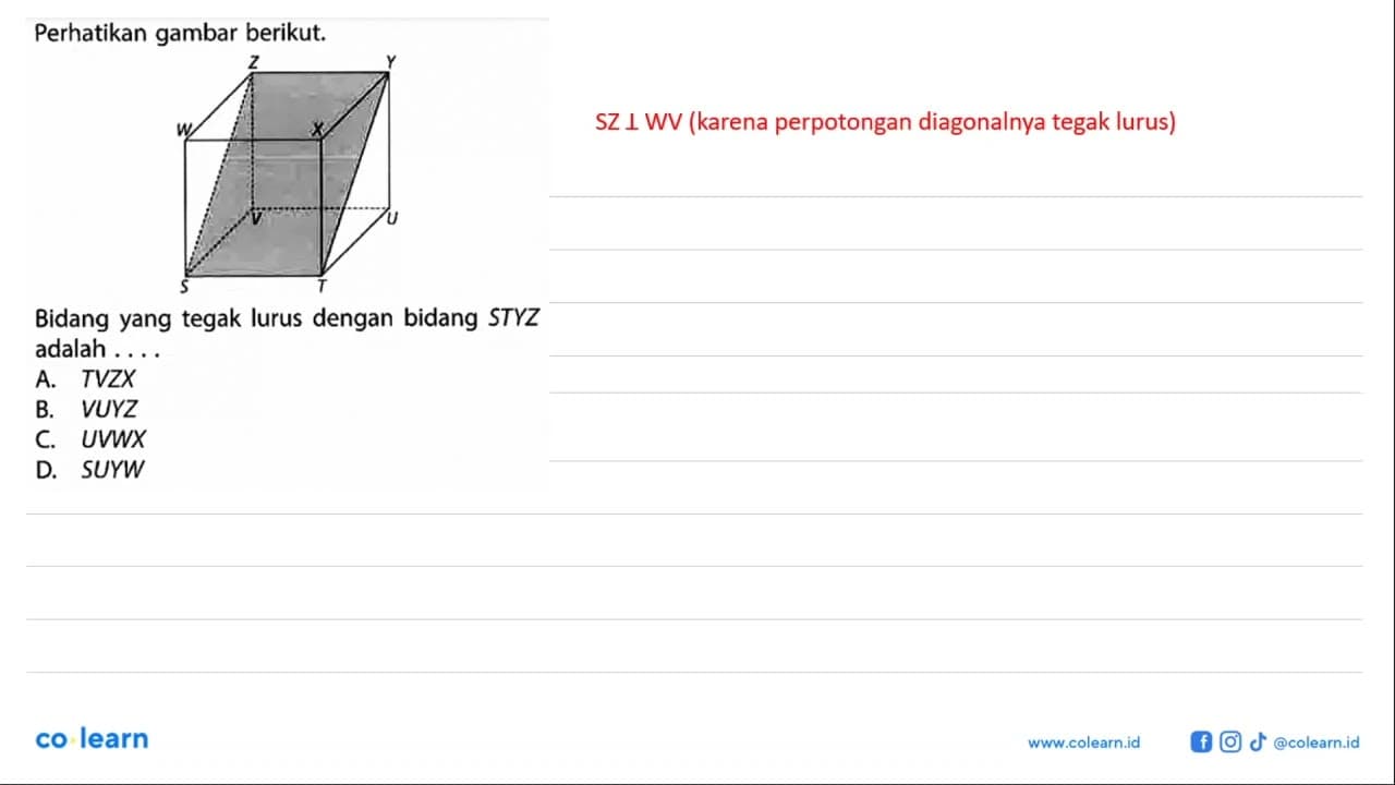 Perhatikan gambar berikut.W X Y Z S T U VBidang yang tegak