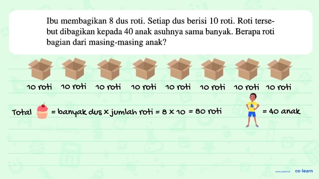 Ibu membagikan 8 dus roti. Setiap dus berisi 10 roti. Roti