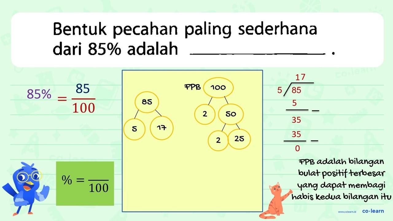 Bentuk pecahan paling sederhana dari 85% adalah