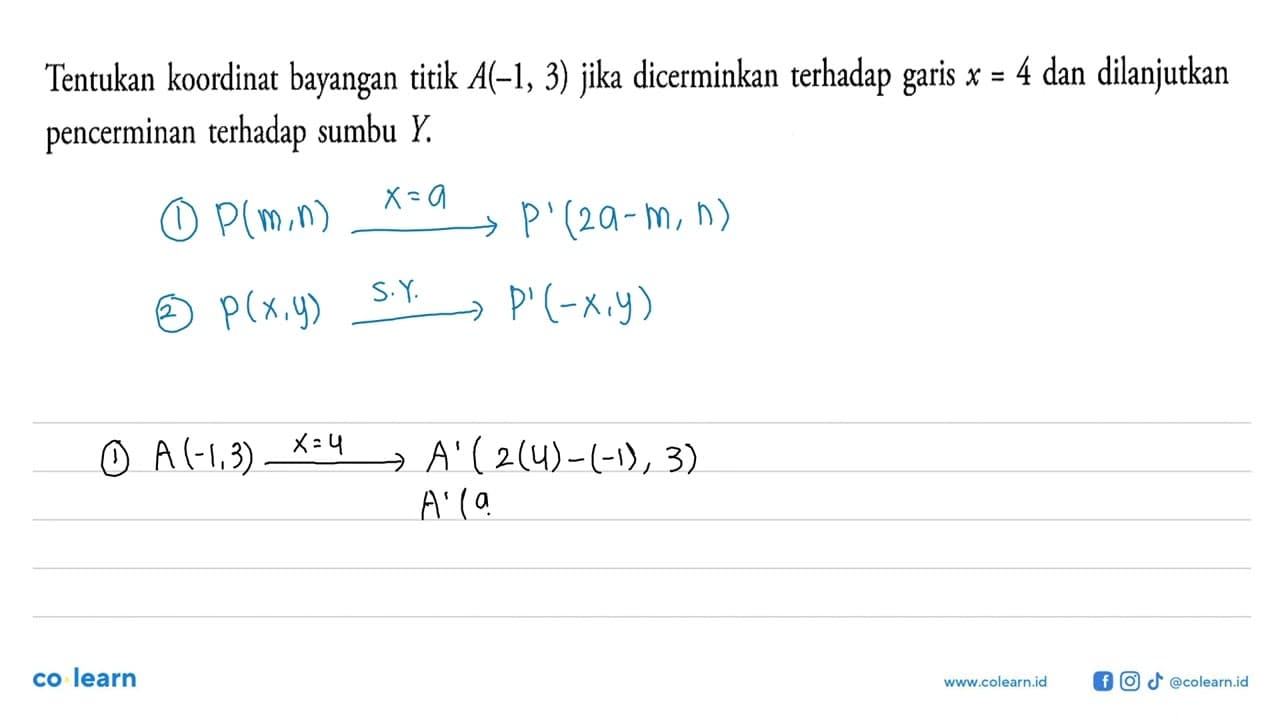 Tentukan koordinat bayangan titik A(-1,3) jika dicerminkan