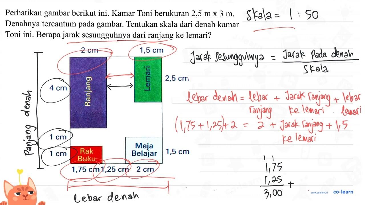 Perhatikan gambar berikut ini. Kamar Toni berukuran 2,5 m x