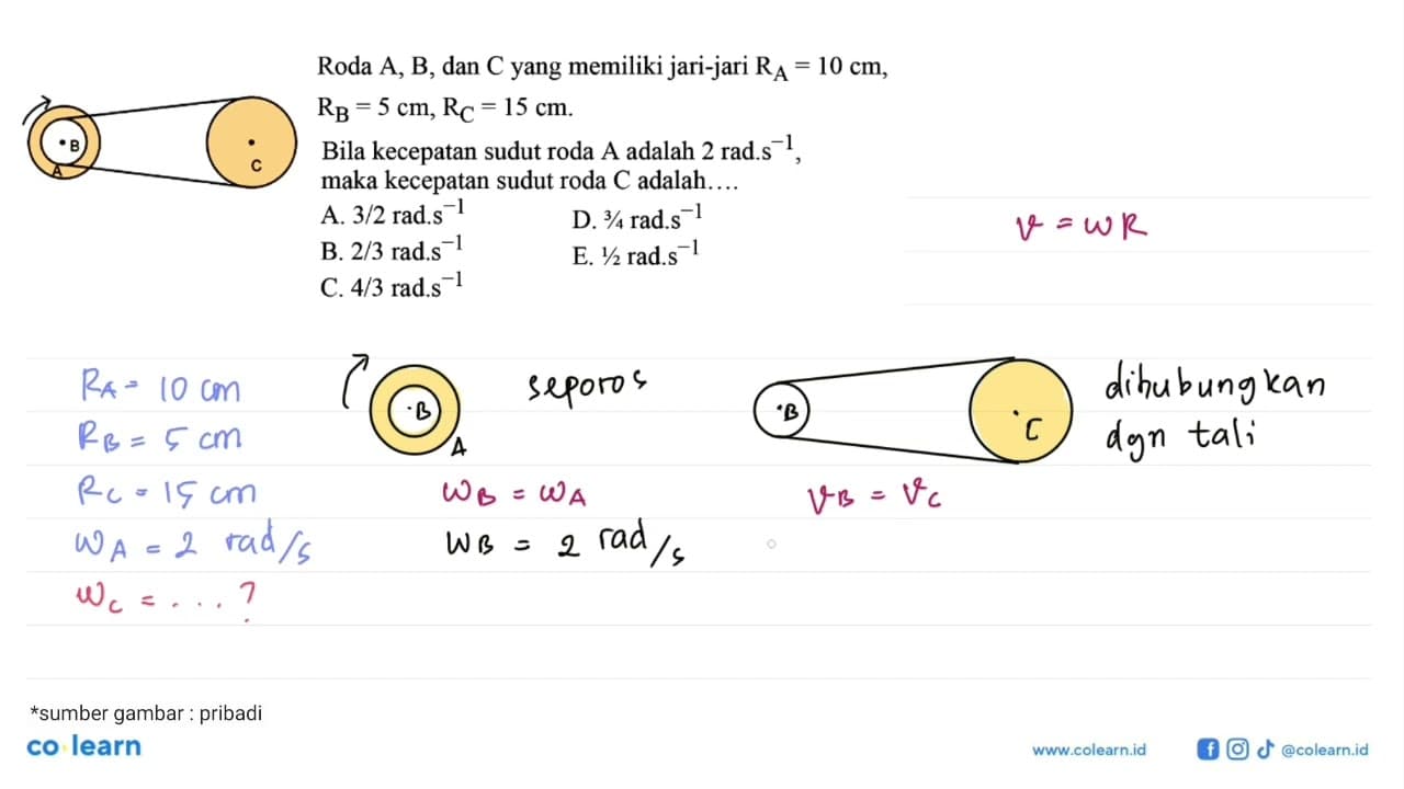 Roda A, B, dan C yang memiliki jari-jari RA=10 cm , RB=5