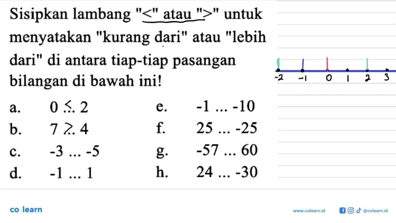 Sisipkan lambang '<' atau '>' untuk menyatakan 'kurang