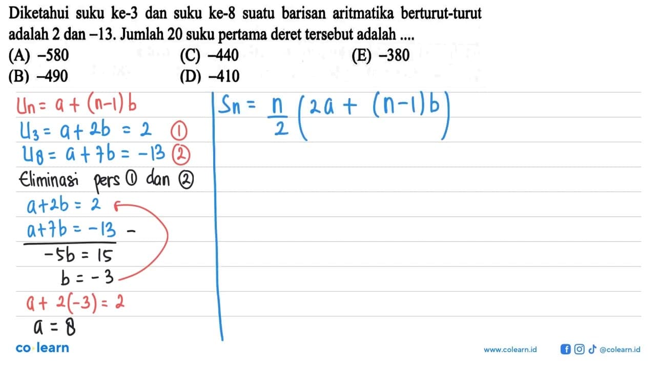 Diketahui suku ke-3 dan suku ke-8 suatu barisan aritmatika