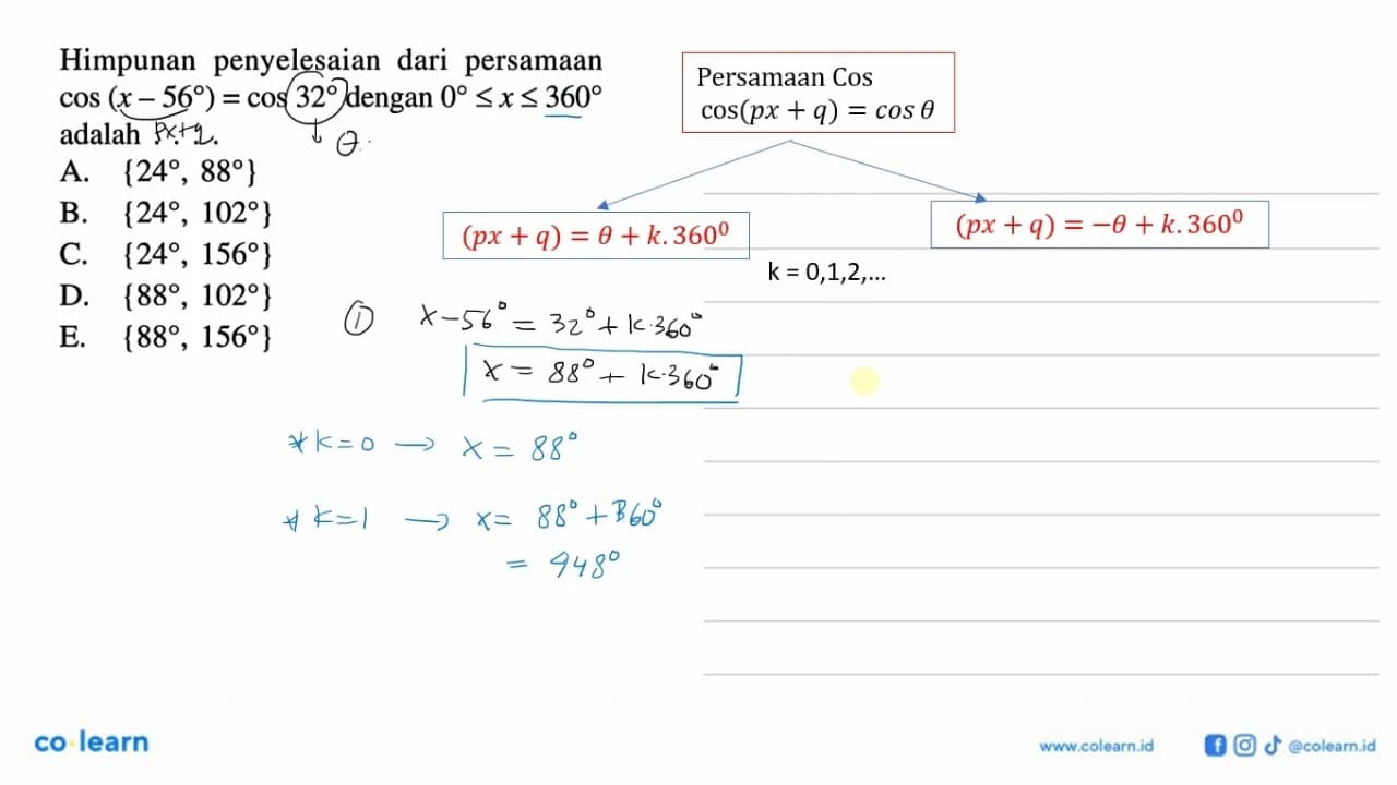 Himpunan penyelesaian dari persamaan cos (x-56)=cos 32