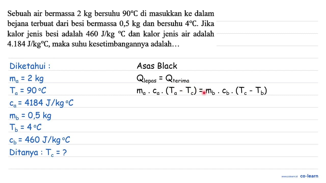 Sebuah air bermassa 2 kg bersuhu 90 C di masukkan ke dalam