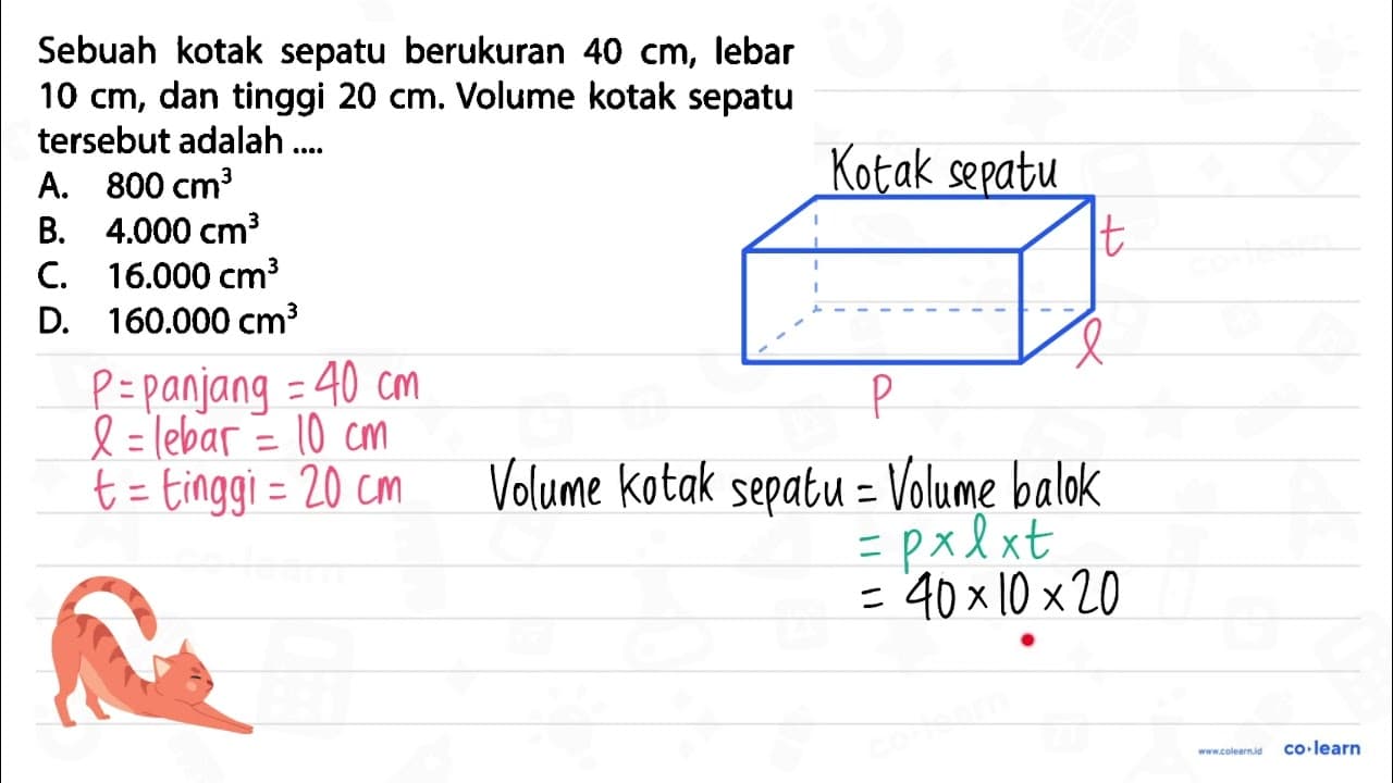 Sebuah kotak sepatu berukuran 40 cm, lebar 10 cm, dan