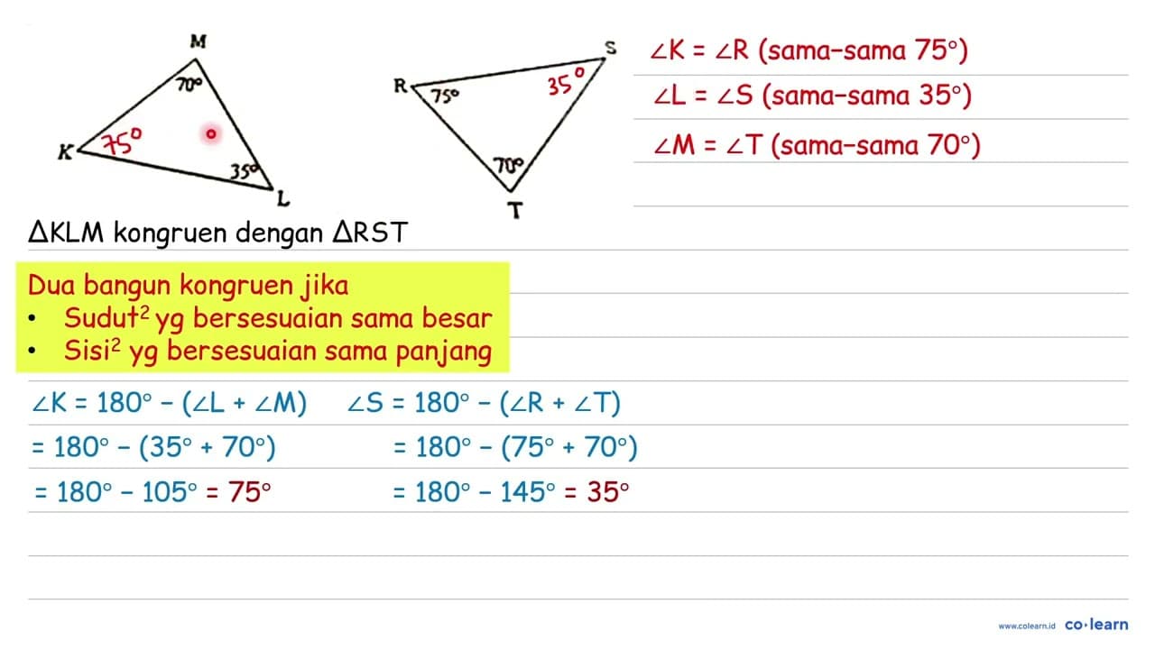 M 70 L 35 K S R 75 T 70 Pada gambar di atas, segitiga KLM