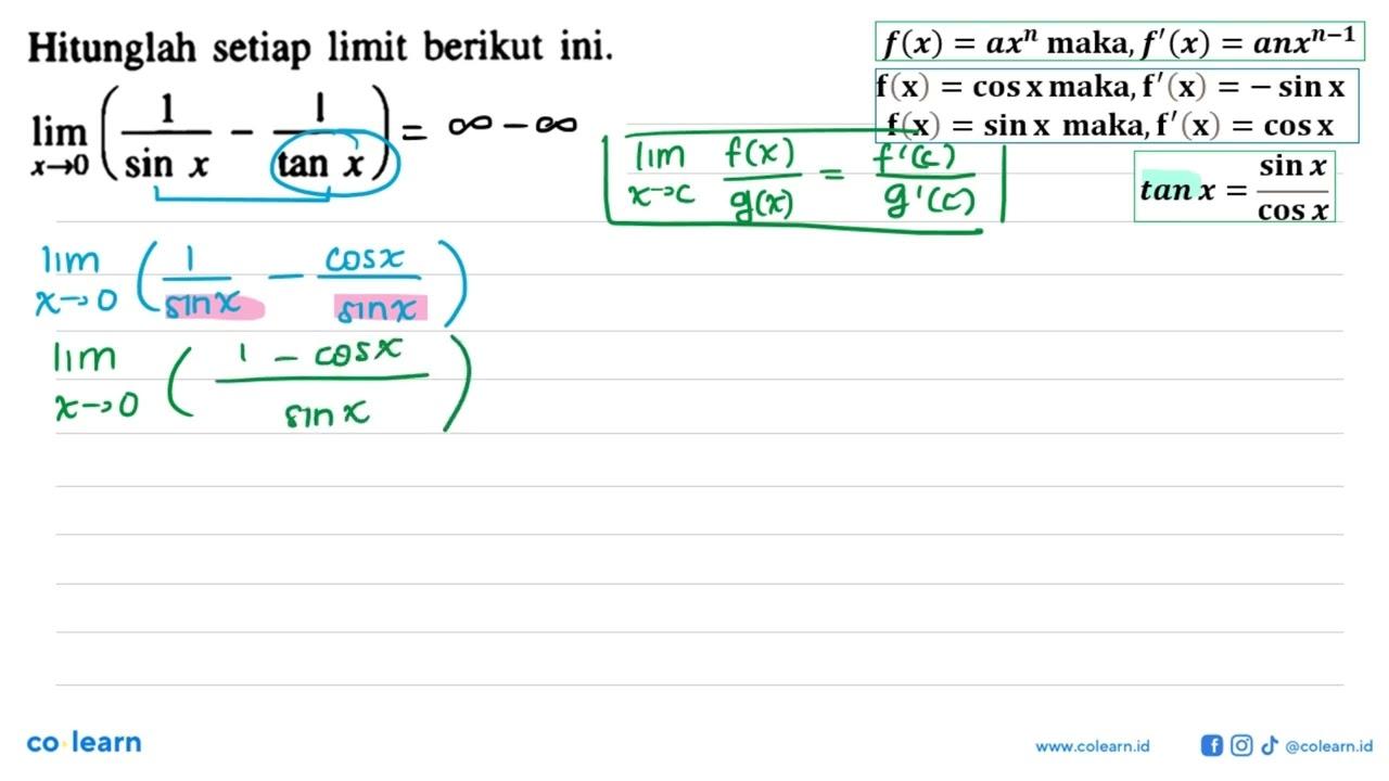 Hitunglah setiap limit berikut ini. limit x->0 ((1/sin