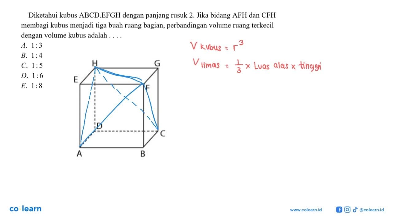 Diketahui kubus ABCD.EFGH dengan panjang rusuk 2. Jika