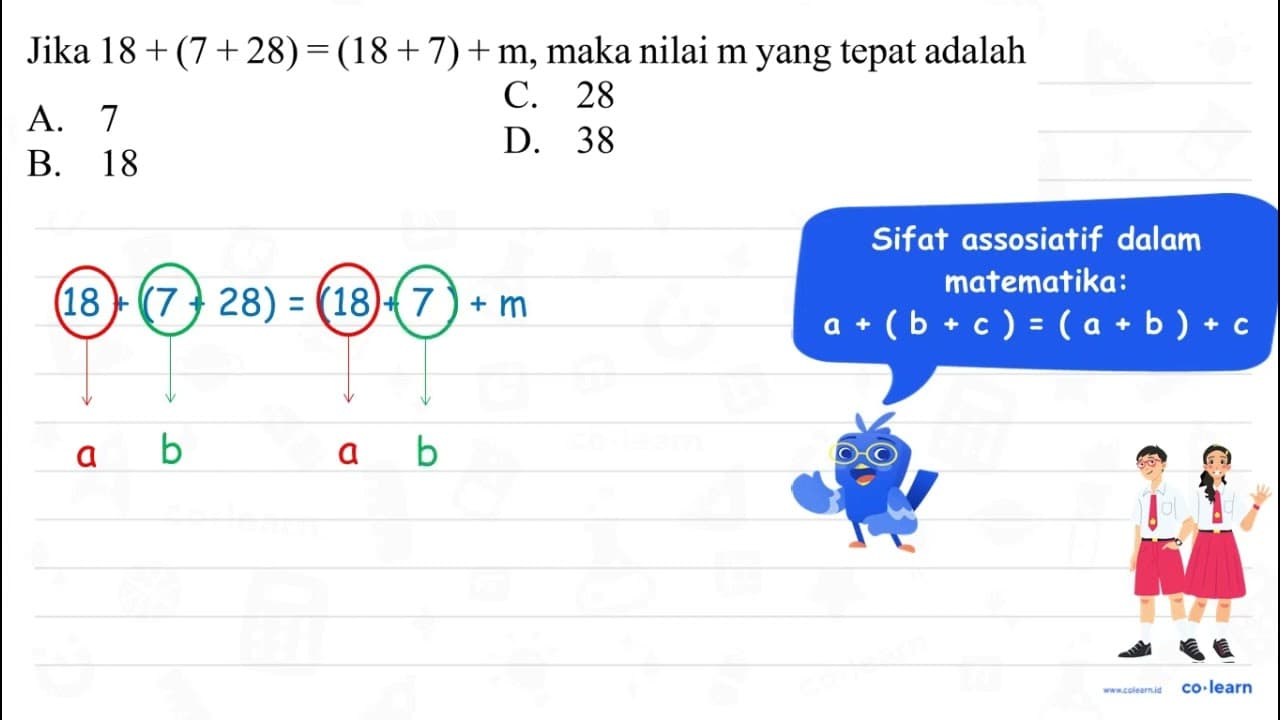 Jika 18+(7+28)=(18+7)+m , maka nilai m yang tepat adalah A.