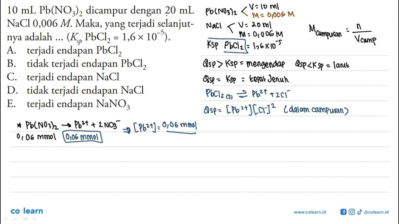 10 mL Pb(NO3)2 dicampur dengan 20 mL NaCl 0,006 M. Maka,