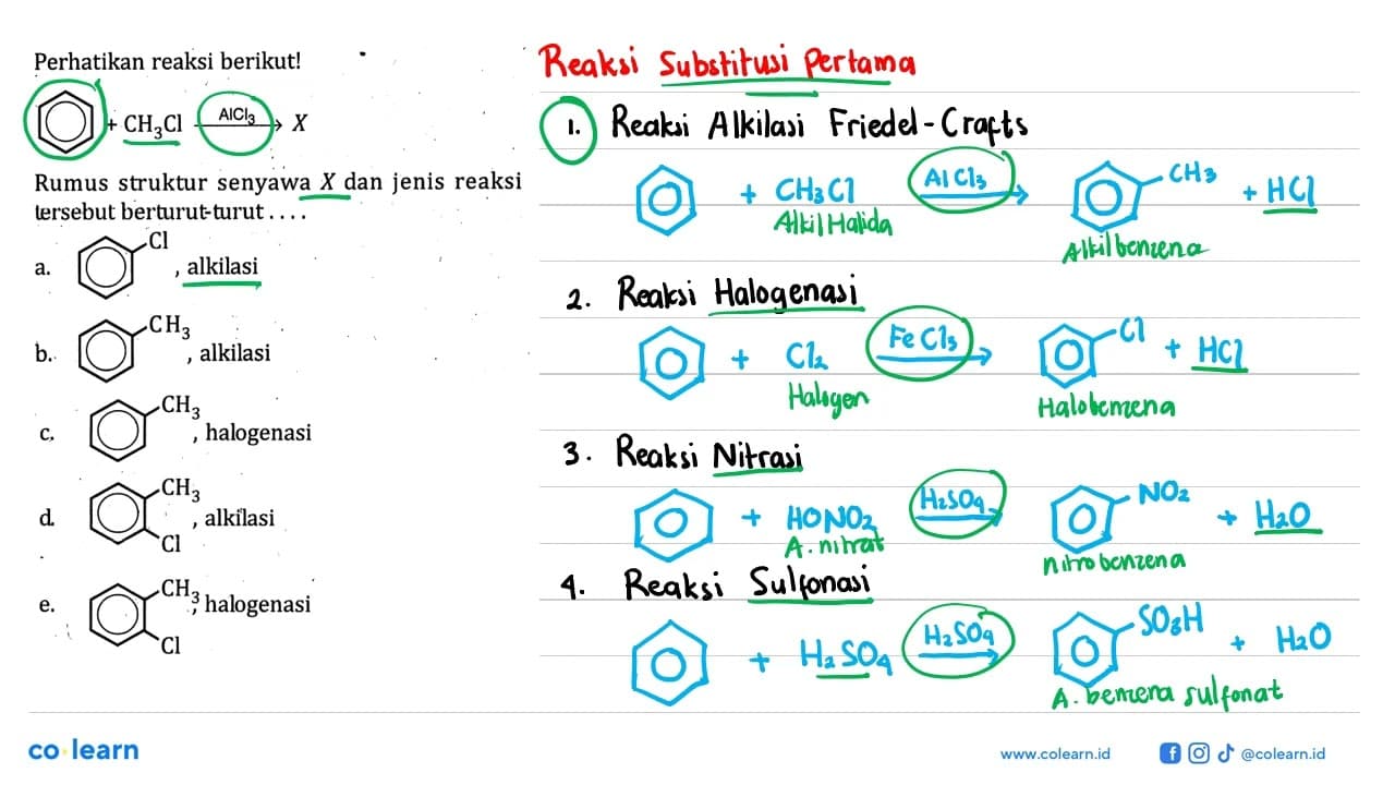 Perhatikan reaksi berikut! CH3Cl -> AICl3 X Rumus struktur