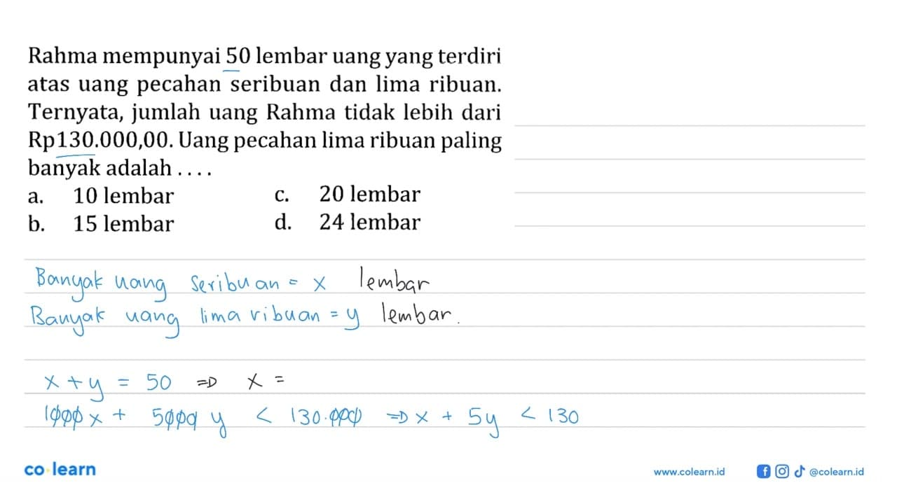 Rahma mempunyai 50 lembar uang yang terdiri atas uang