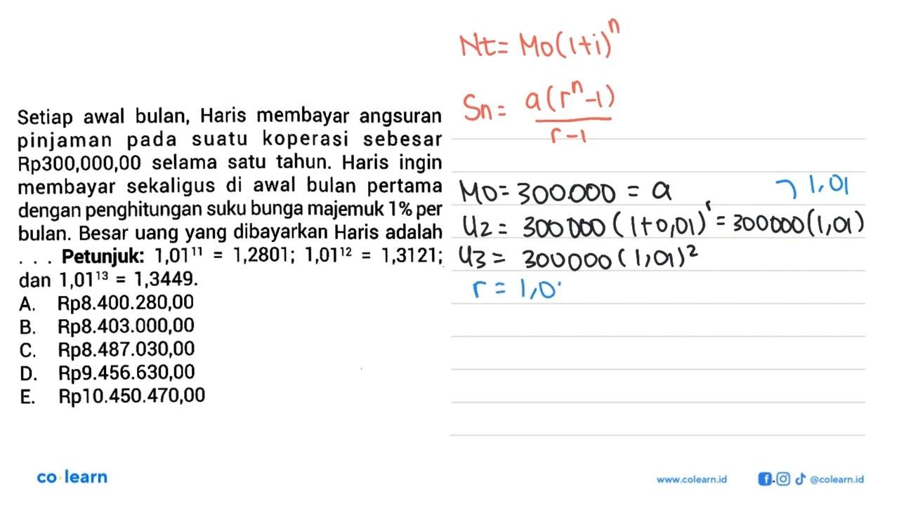 Setiap awal bulan, Haris membayar angsuran pinjaman pada