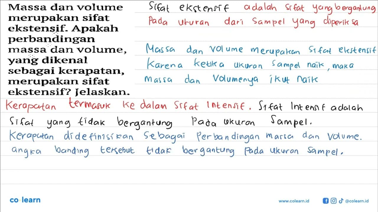 Massa dan volume merupakan sifat ekstensif. Apakah