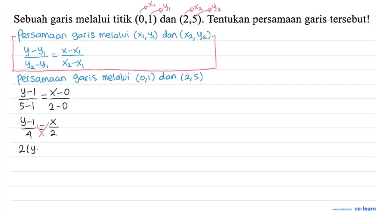 Sebuah garis melalui titik (0,1) dan (2,5) . Tentukan