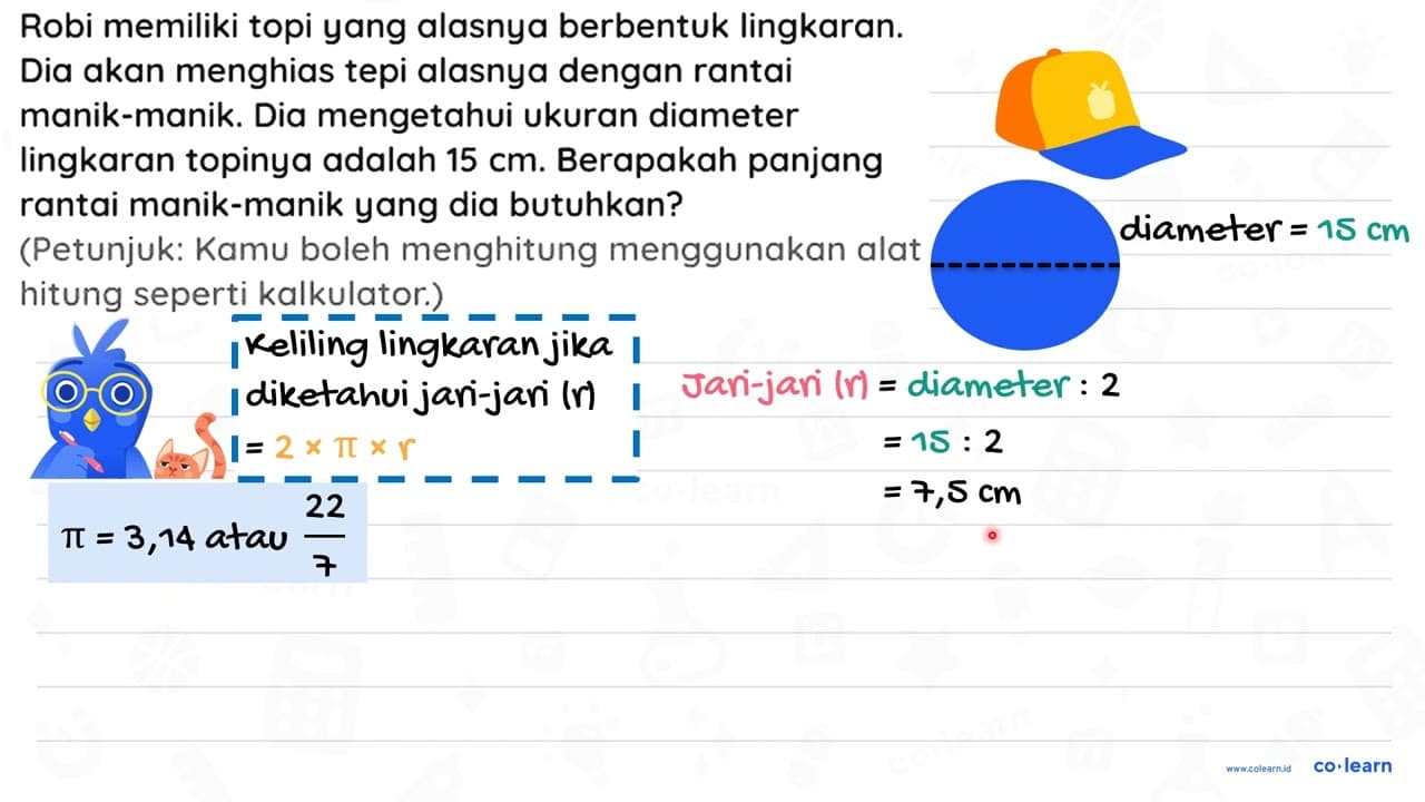 Robi memiliki topi yang alasnya berbentuk lingkaran. Dia