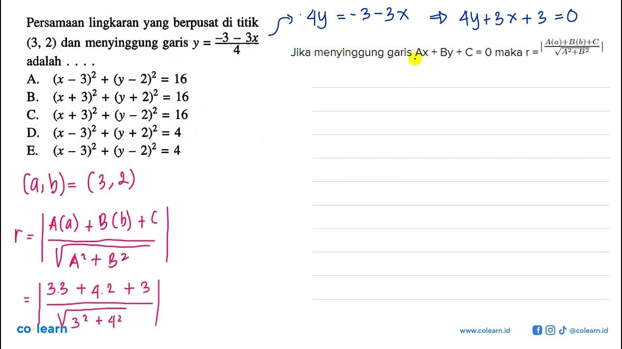 Persamaan lingkaran yang berpusat di titik (3, 2) dan