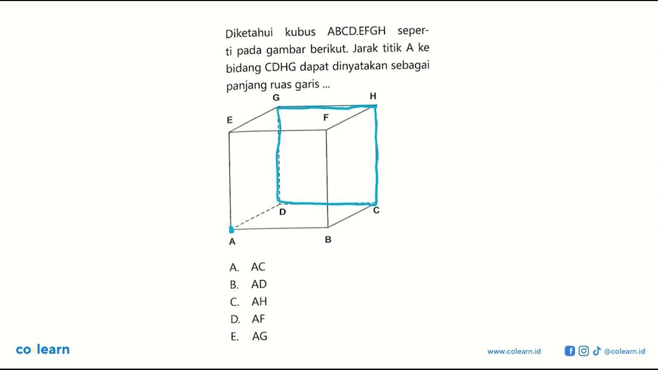 Diketahui kubus ABCDEFGH seper- gambar berikut: Jarak titik