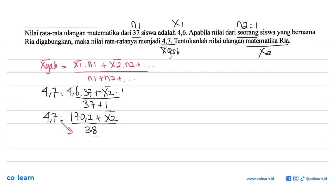 Nilai rata-rata ulangan matematika dari 37 siswa adalah