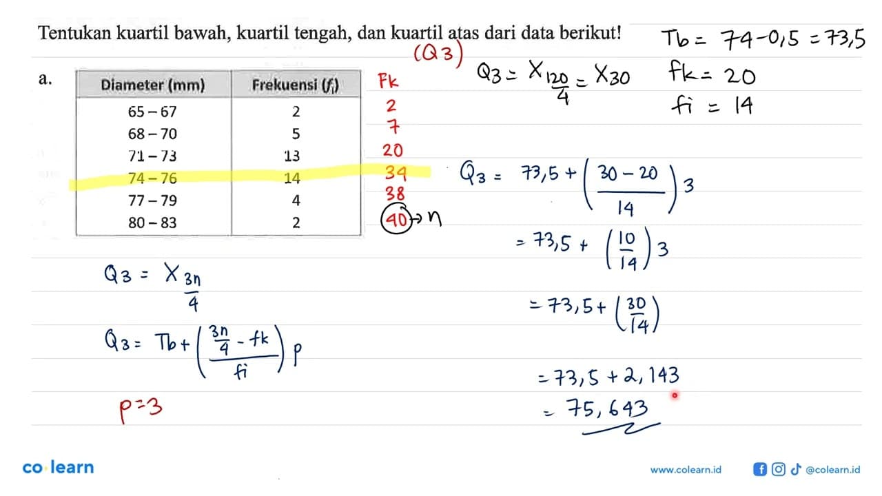 Tentukan kuartil bawah, kuartil tengah, dan kuartil atas