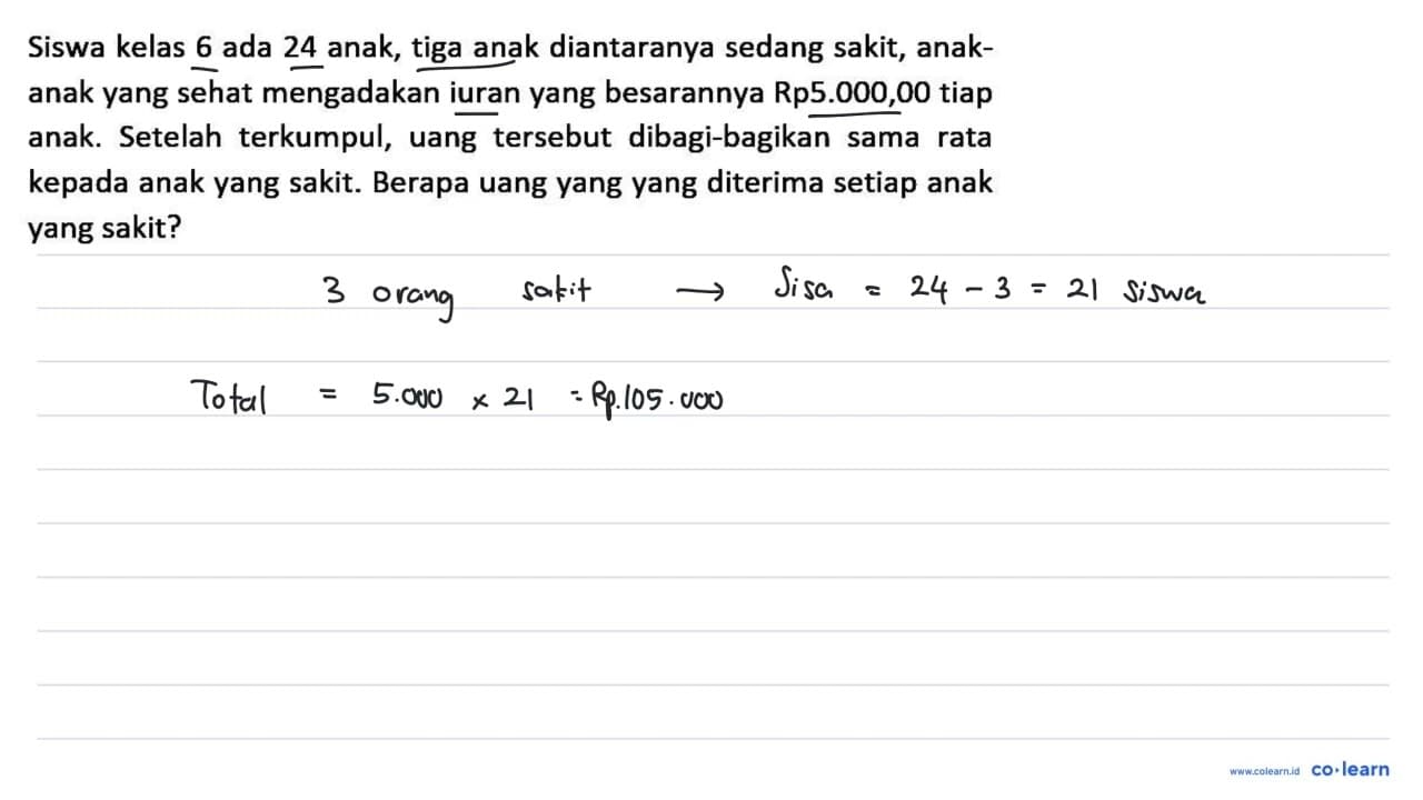 Siswa kelas 6 ada 24 anak, tiga anak diantaranya sedang