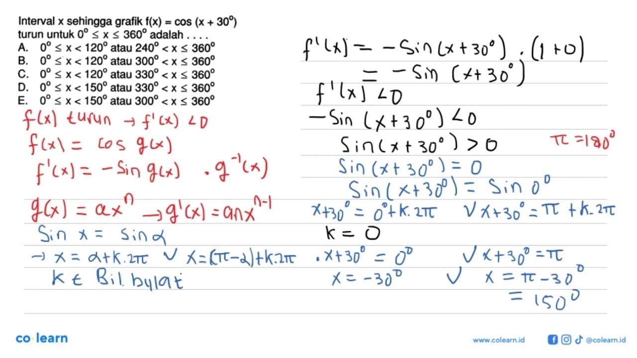 Interval x sehingga grafik f(x)=cos(x+30) turun untuk