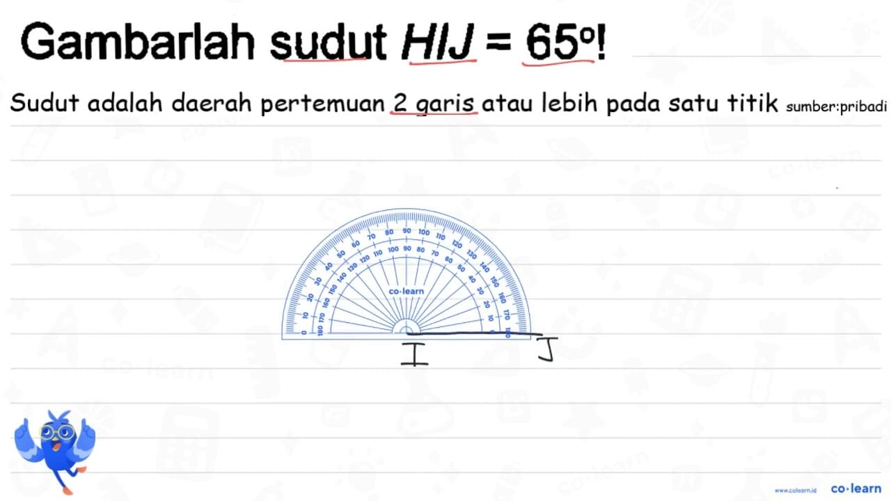 Gambarlah sudut H I J=65 !