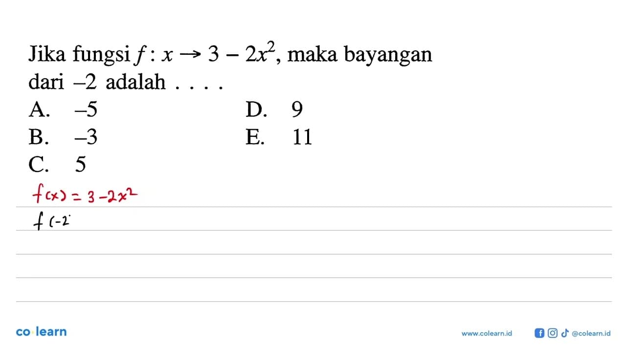 Jika fungsi f:x->3-2x^2, maka bayangan dari -2 adalah ....