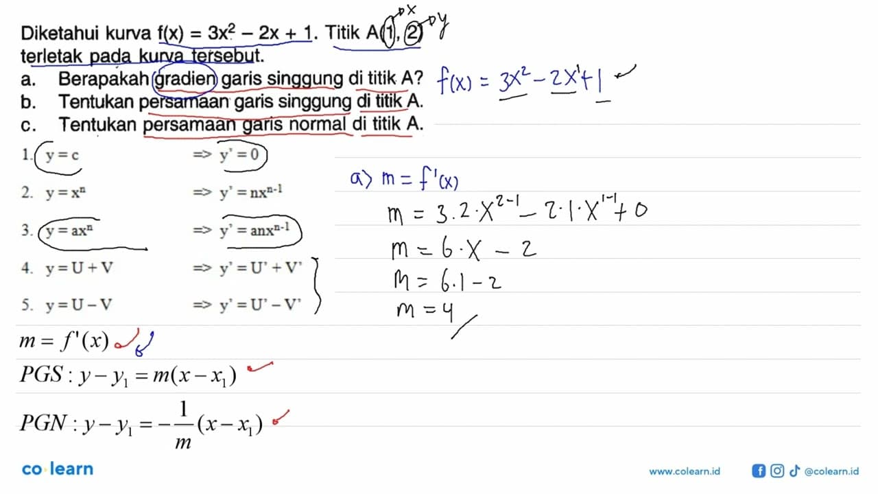 Diketahui kurva f(x)=3x^2-2x+1. Titik A(1,2) terletak pada