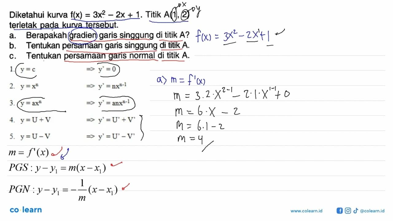 Diketahui kurva f(x)=3x^2-2x+1. Titik A(1,2) terletak pada