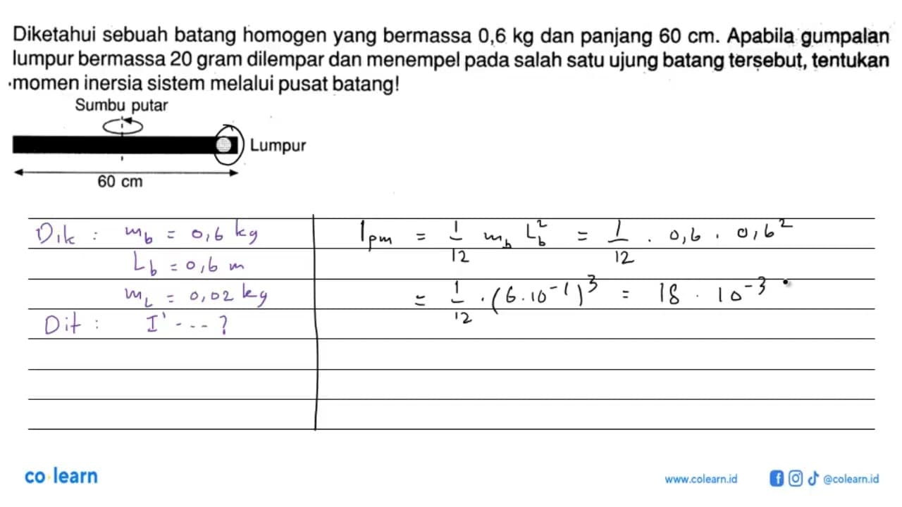 Diketahui sebuah batang homogen yang bermassa 0,6 kg dan