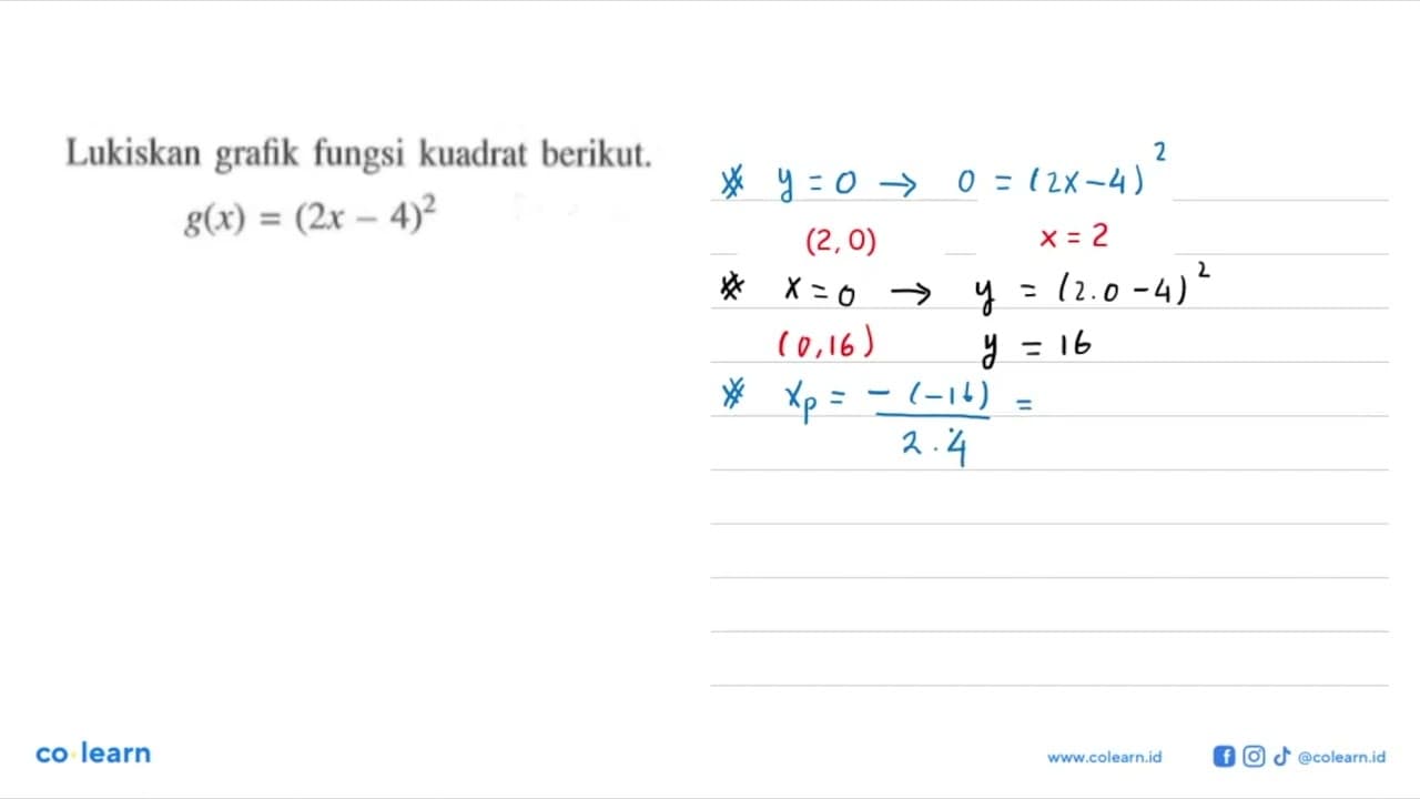 Lukiskan grafik fungsi kuadrat berikut. g(x)=(2x-4)^2