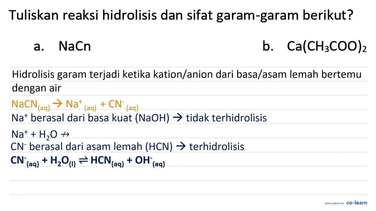 Tuliskan reaksi hidrolisis dan sifat garam-garam berikut?