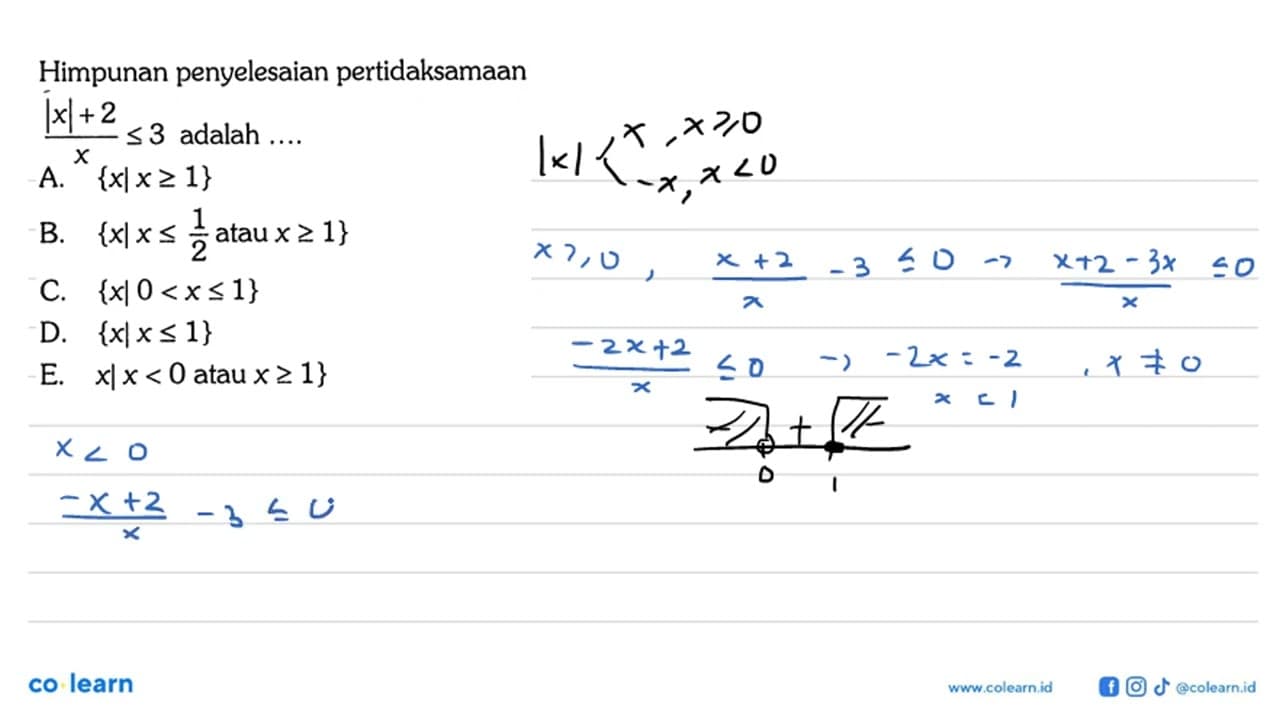 Himpunan penyelesiaan pertidaksamaan (|x|+2)/x<=3 adalah