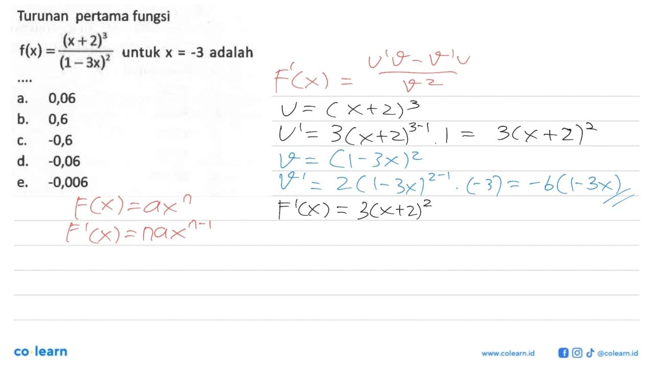 Turunan pertama fungsi f(x)=(x+2)^3/(1-3x)^2 untuk x=-3